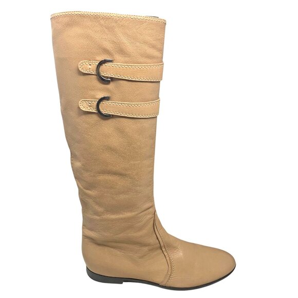 Sergio Rossi Leather Buckle Accent Pull On Tall Boots - Picture 2 of 13